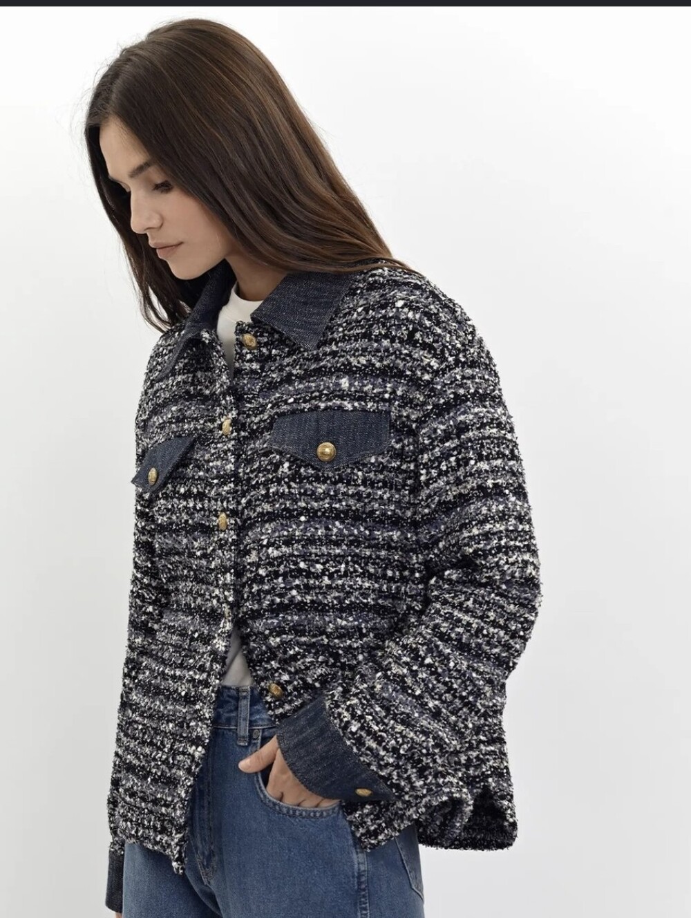 Weill Blue & White Tweed Jacket with Denim Trim Size 4